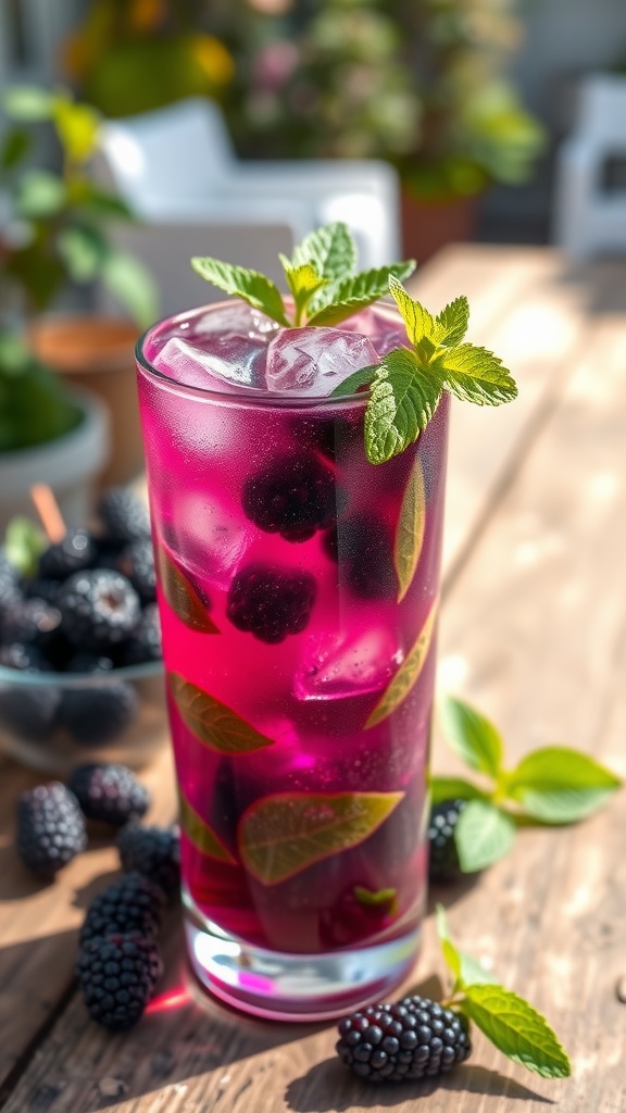 A Blackberry Gin Smash cocktail in a highball glass with fresh blackberries and mint, on a wooden table in a sunny outdoor setting.